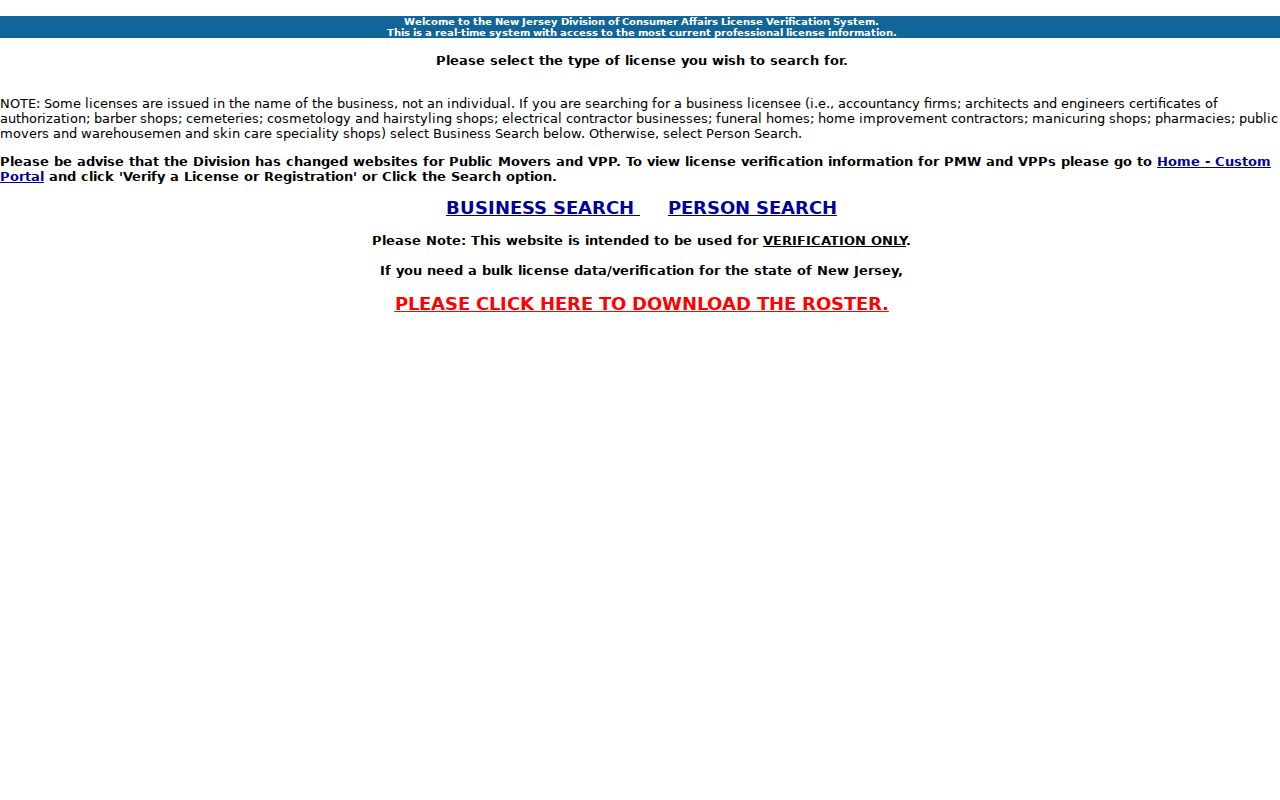 New Brunswick residents directory official New Jersey Consumer Affairs verification screen