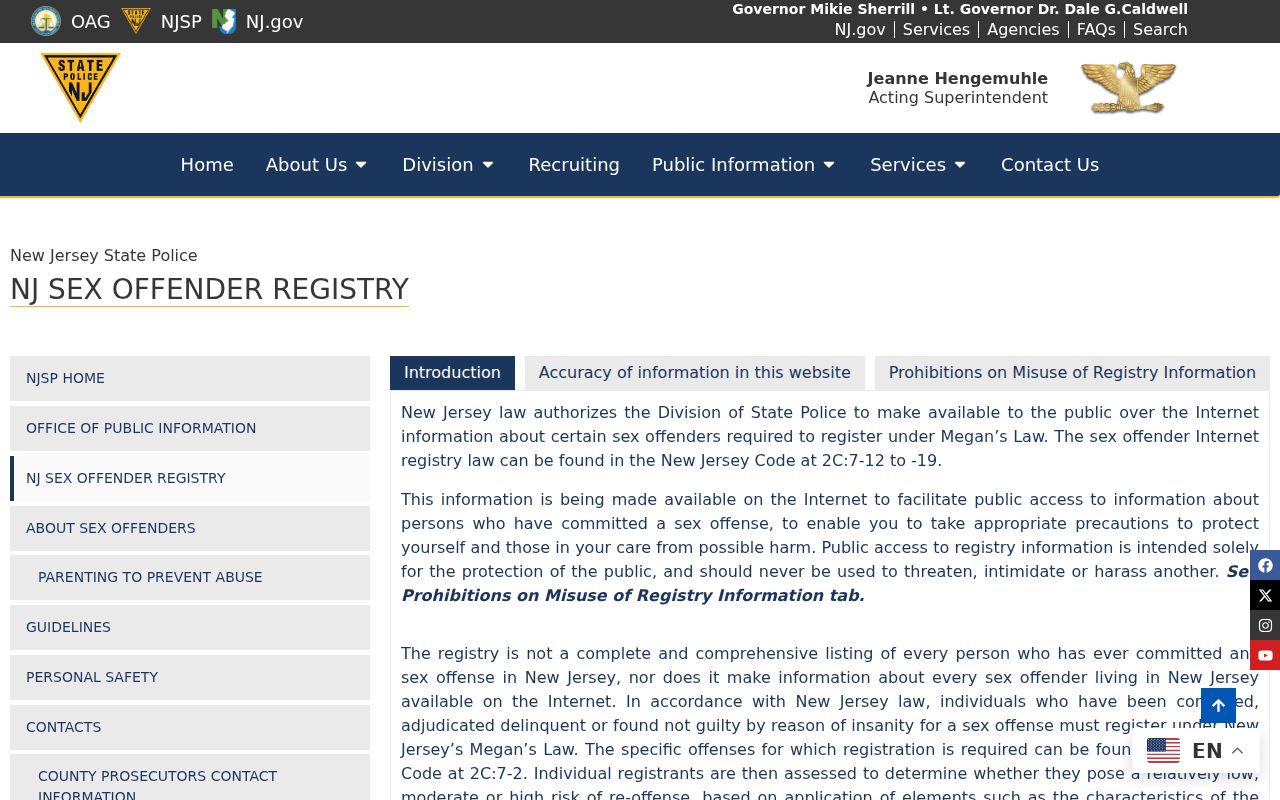 New Brunswick residents directory official New Jersey State Police registry notice